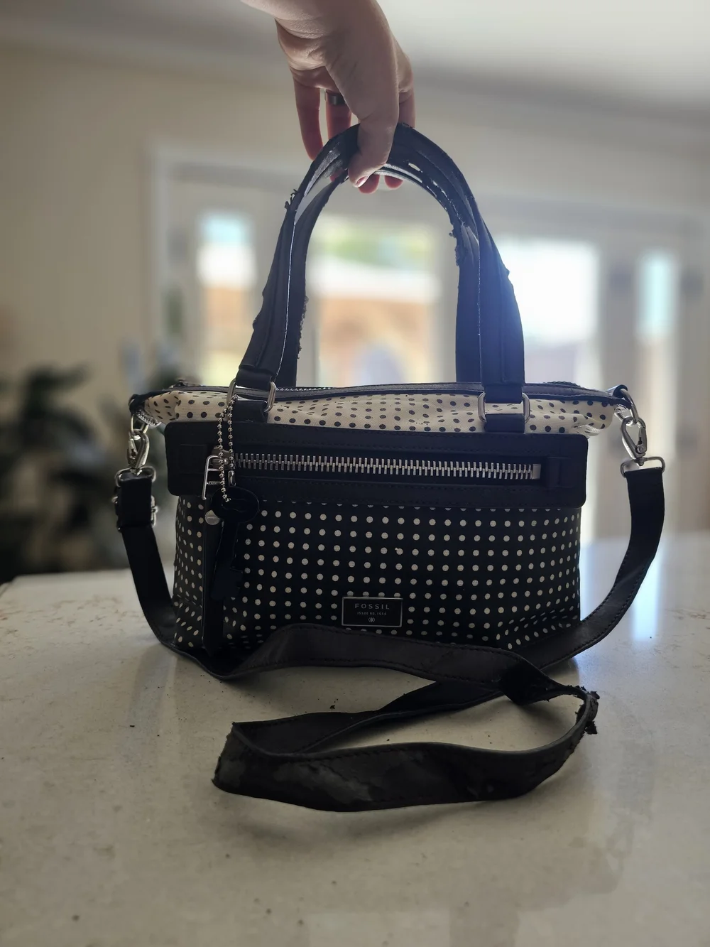 Fossil Black & White Polka Dot Crossbody Satchel